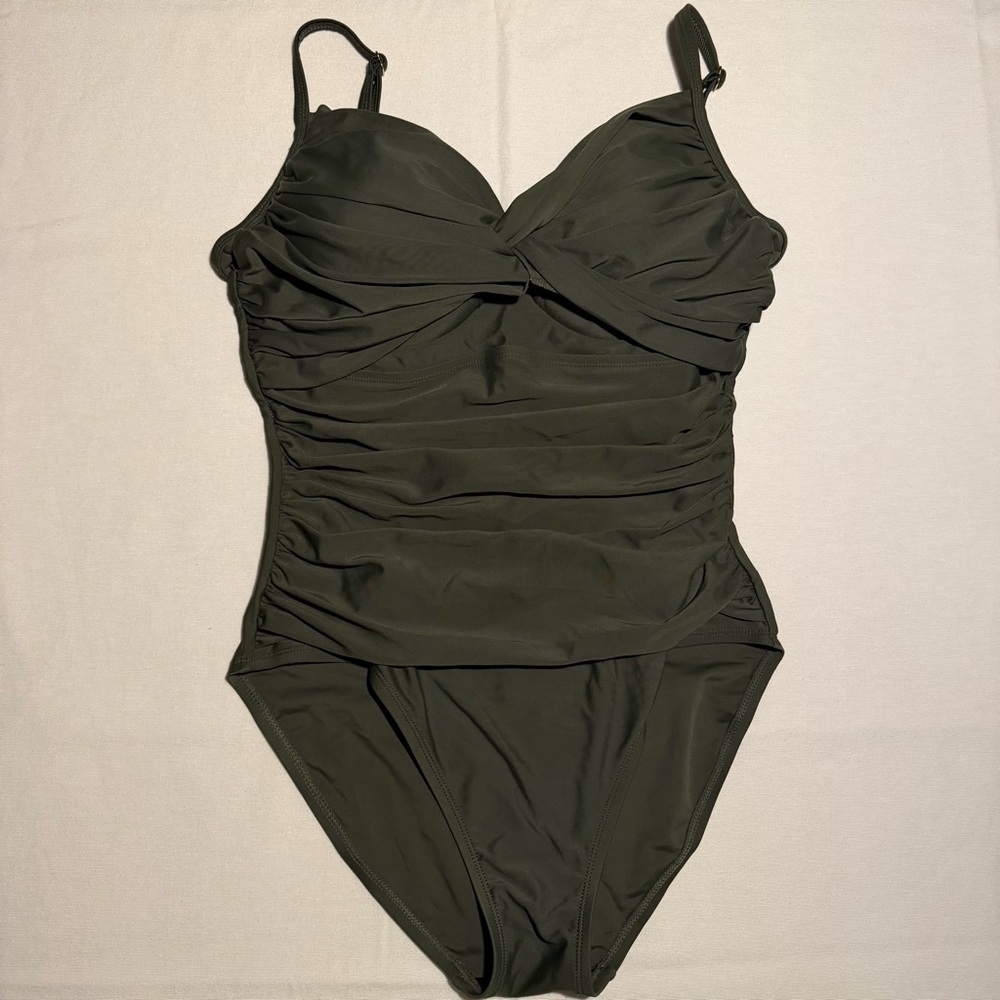 Hiur Olive Green Ruched One Piece Swimsuit US 8 Tummy Control Padded